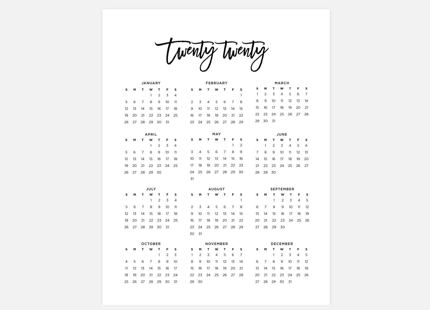 2020 calendar simple calendar 2020 year calendar 2020 etsy