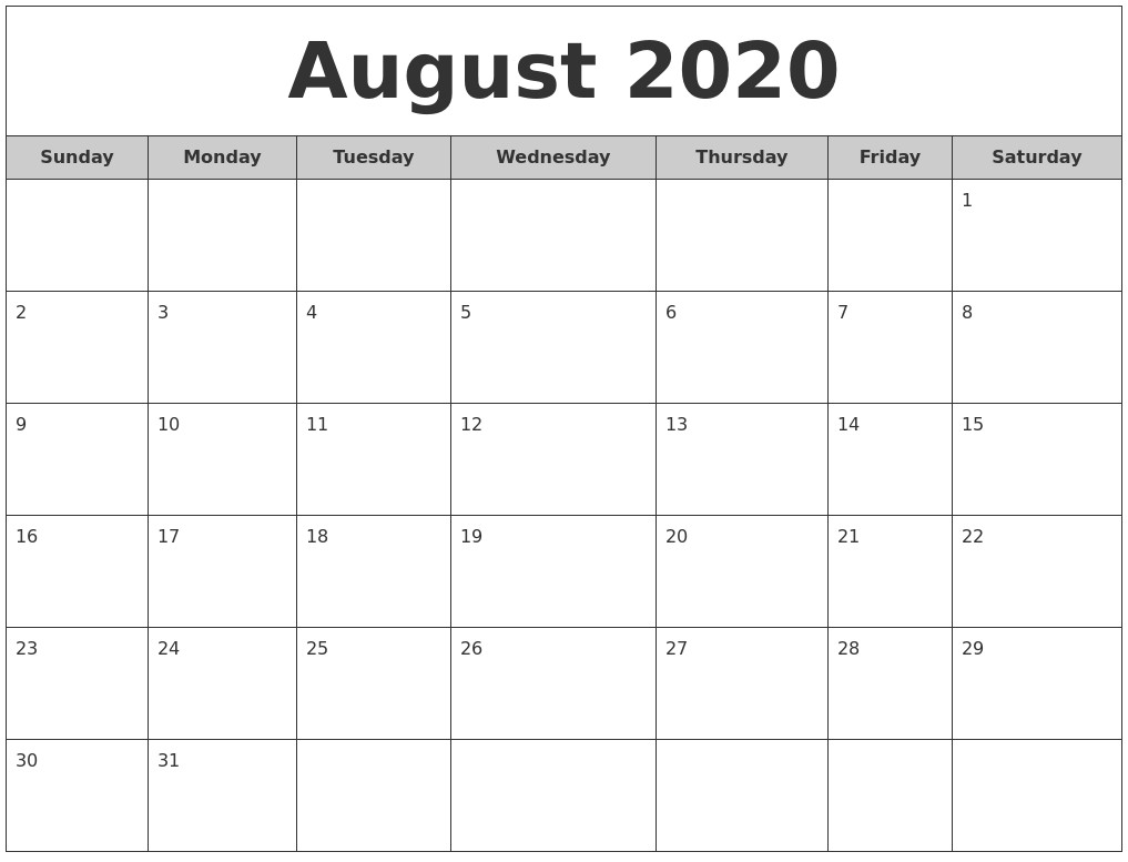 august 2020 free monthly calendar