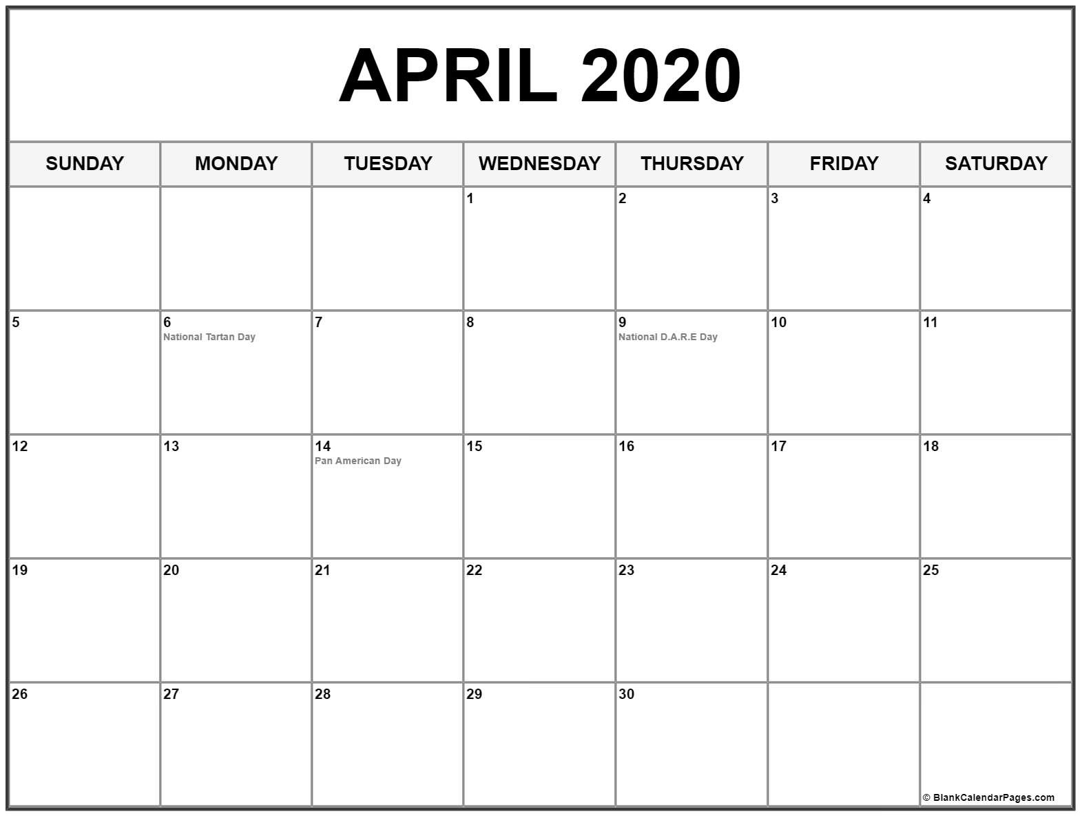 collection of april 2020 calendars with holidays