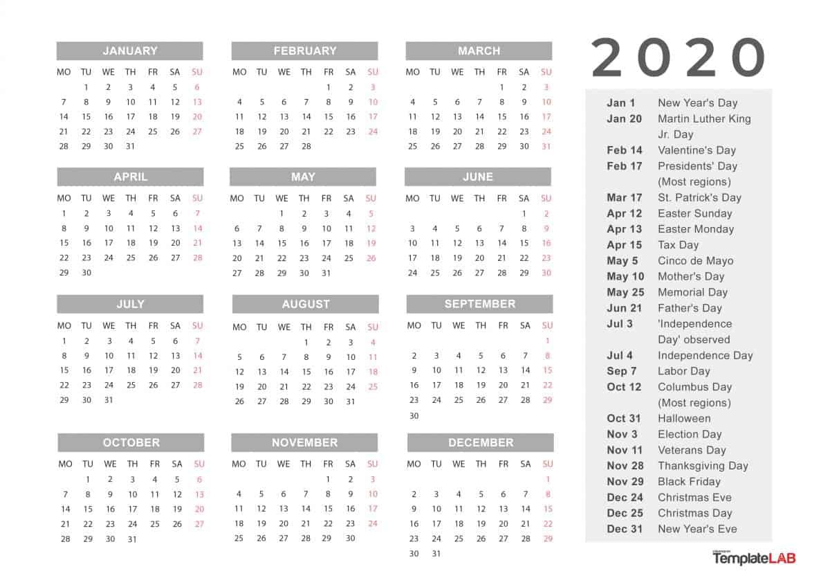2020 printable calendars monthly with holidays yearly