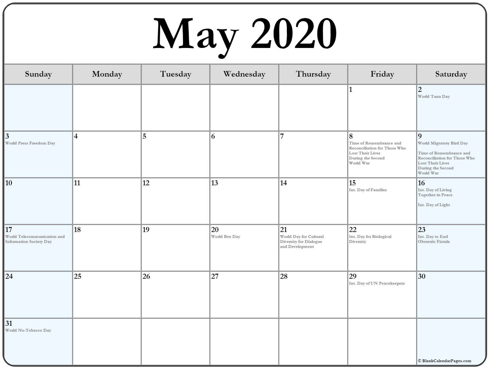 collection of may 2020 calendars with holidays