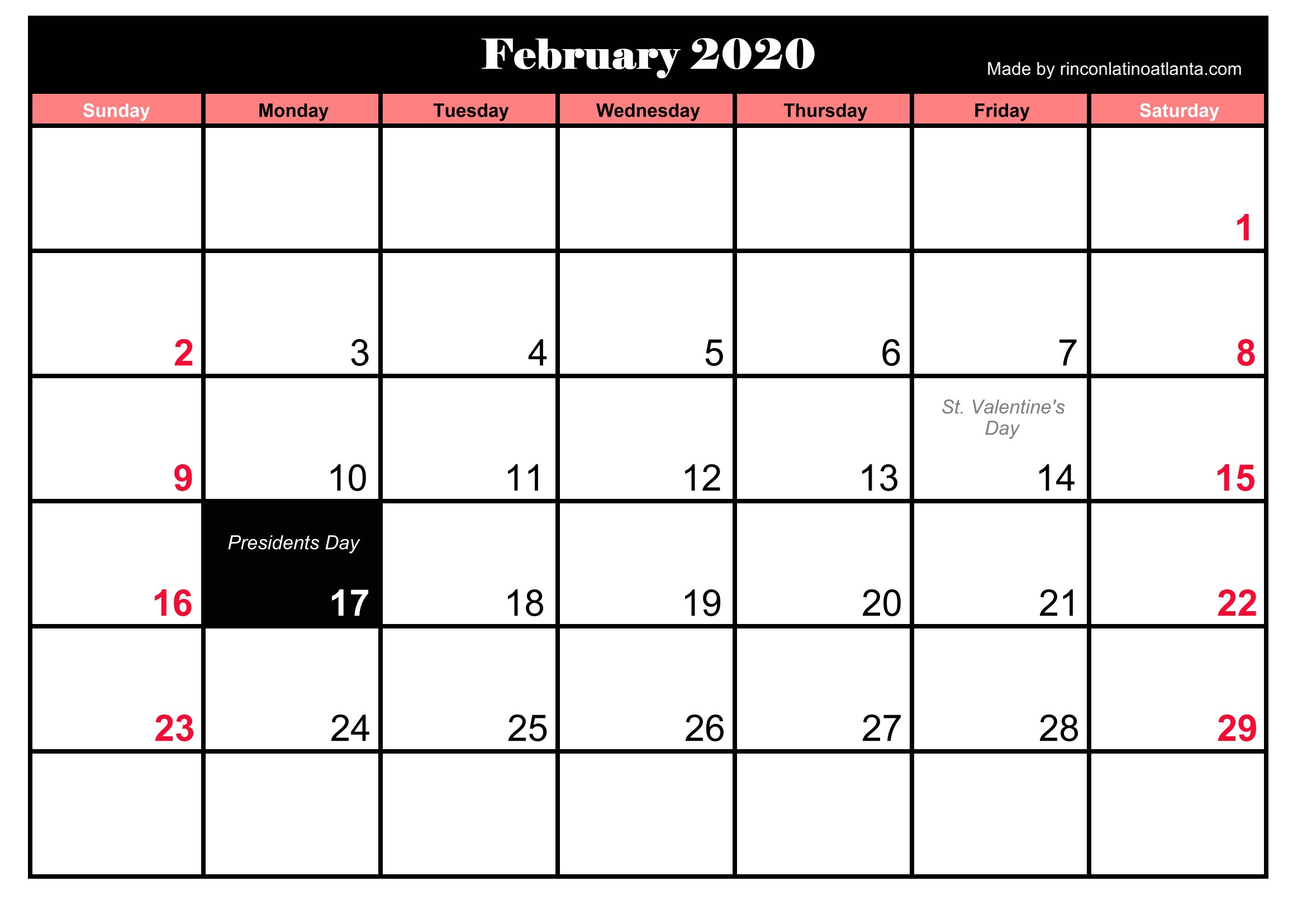 printable frebruary 2020 calendar with holidays calendar