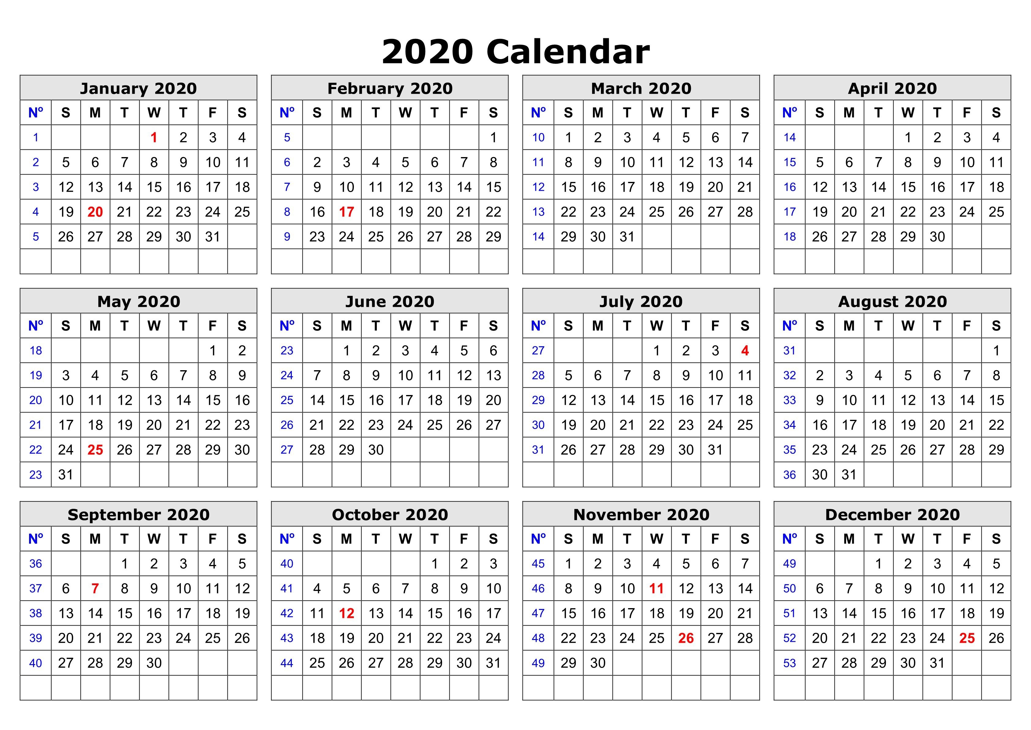 2020 one page calendar printable calendar 2020
