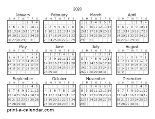 2020 one page calendar