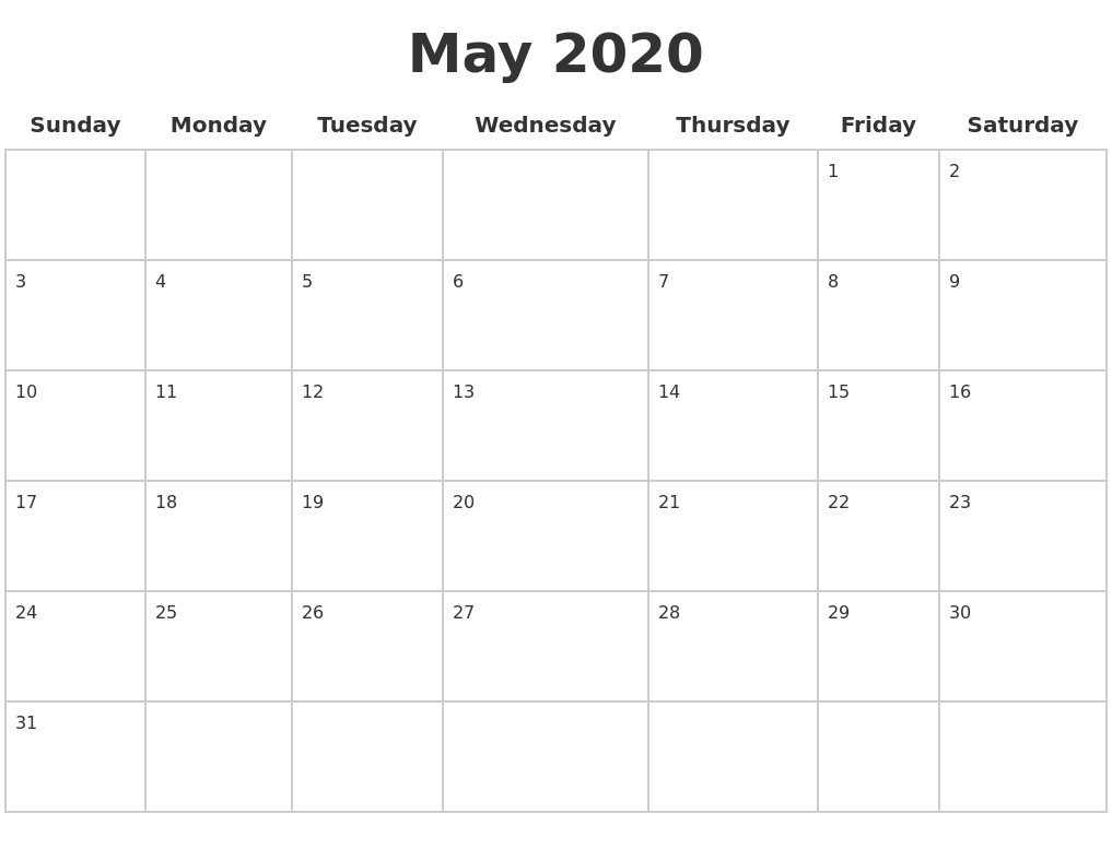 may 2020 blank calendar pages