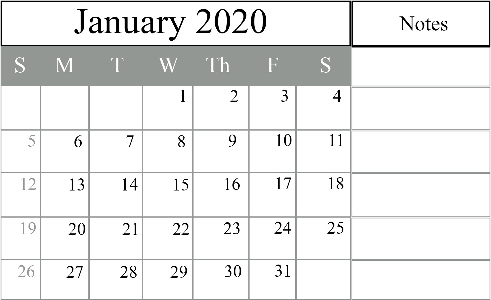 free january 2020 printable calendar in pdf excel word