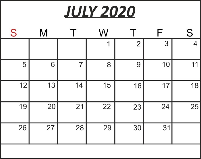 free july 2020 printable calendar template in pdf excel
