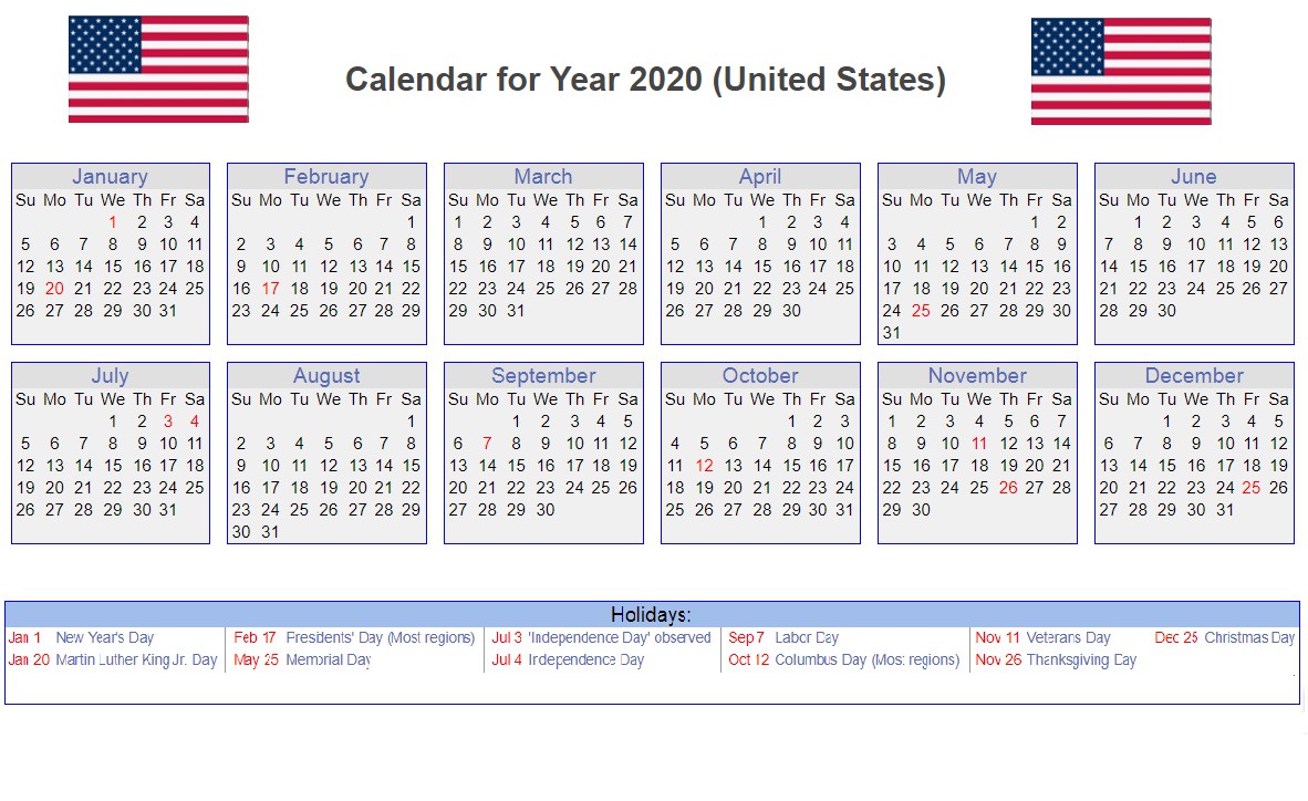 us 2020 calendar yearly 12 month printable