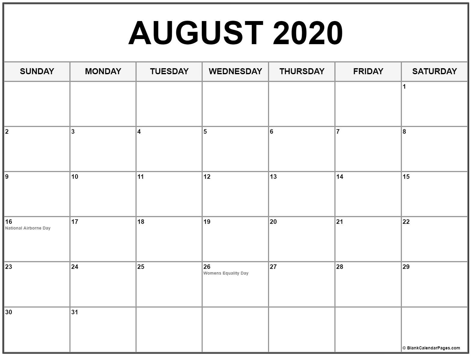 collection of august 2020 calendars with holidays