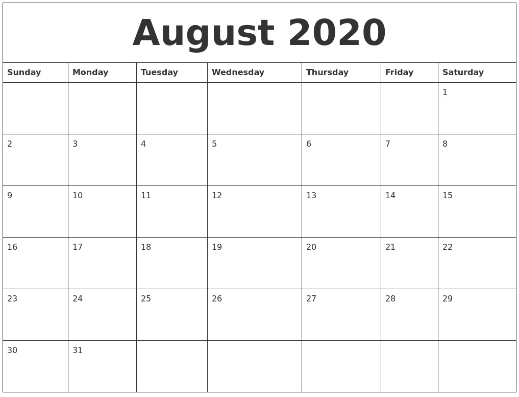 august 2020 calendar pages