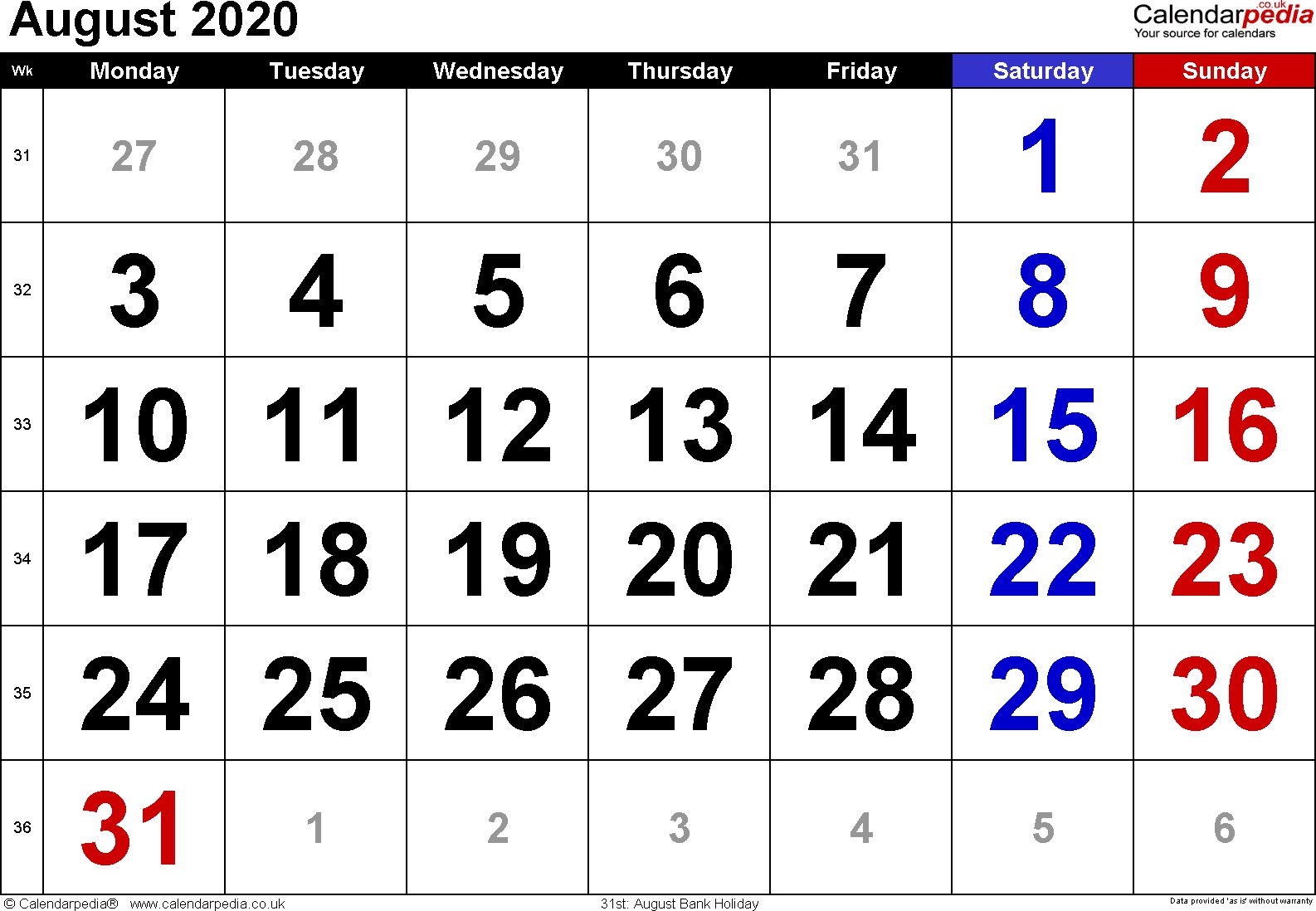 calendar august 2020 uk bank holidays excel pdf word