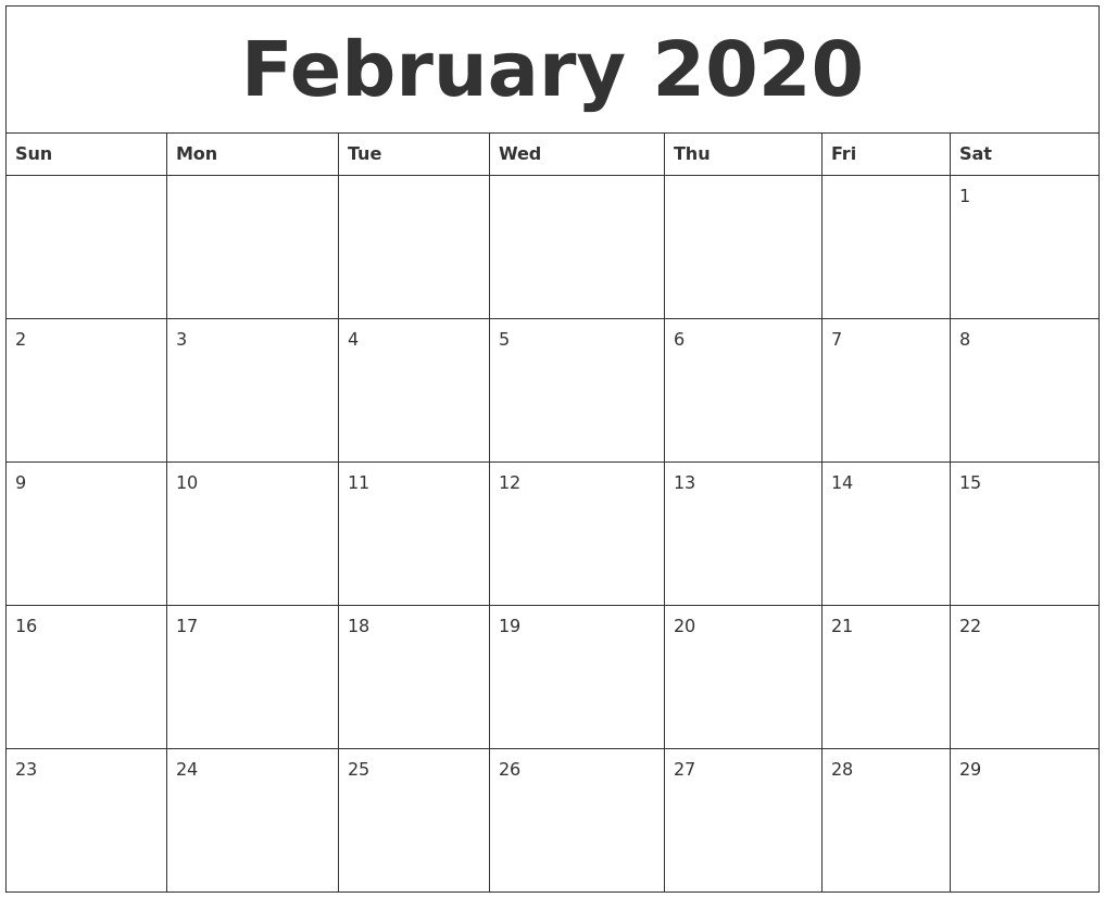 february 2020 blank monthly calendar template
