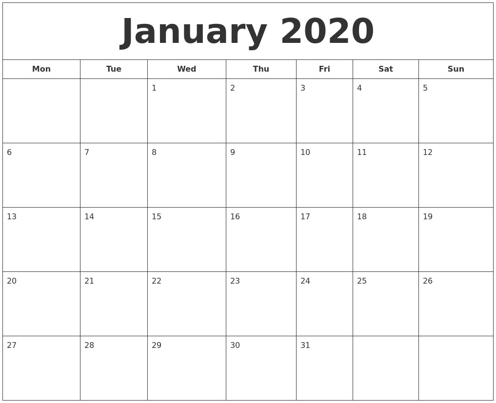 january 2020 printable calendar