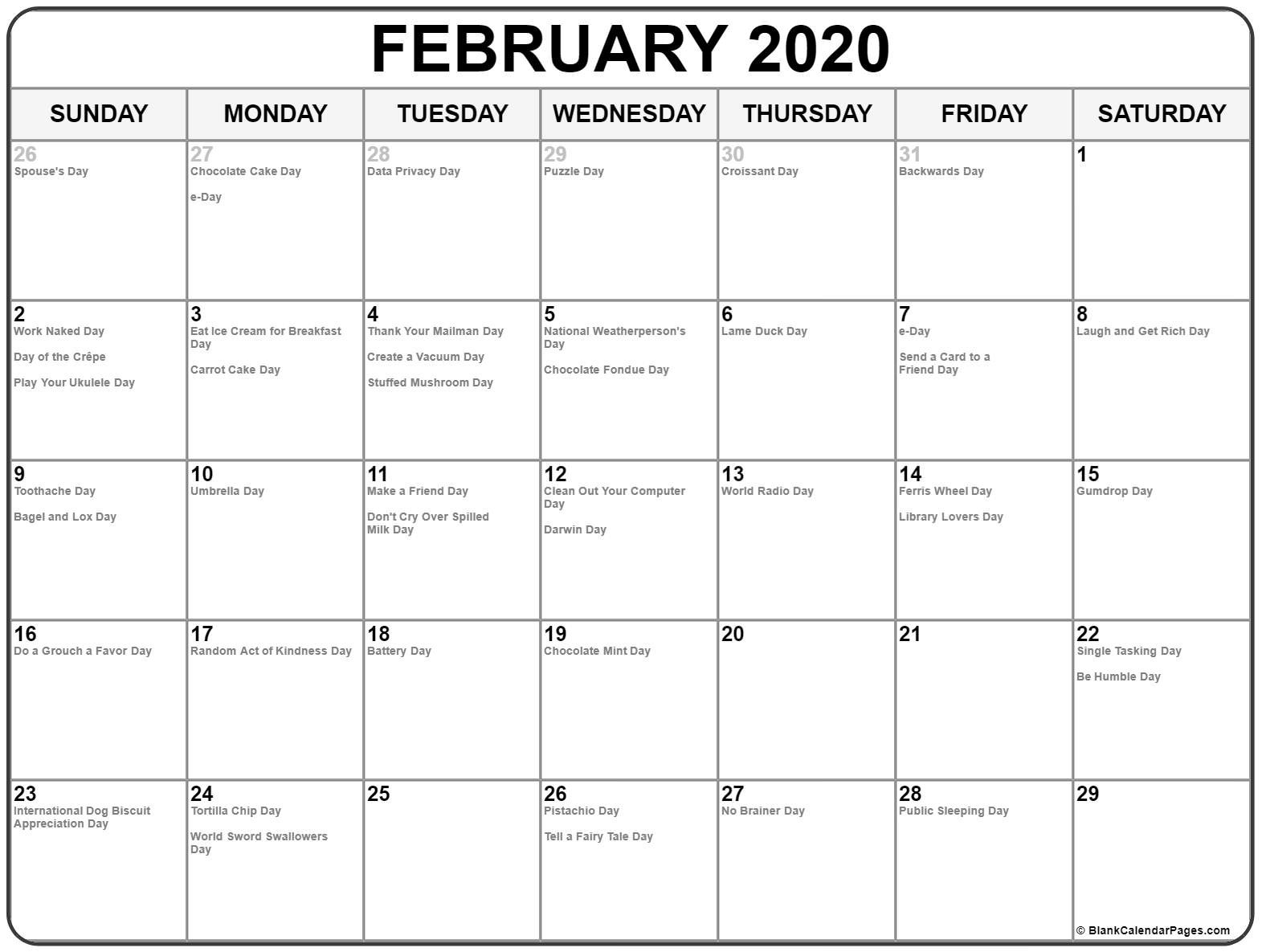 collection of february 2020 calendars with holidays