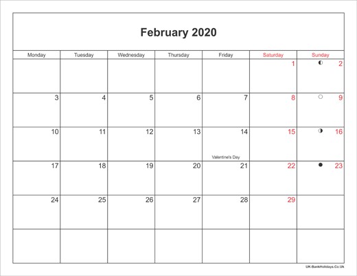 february 2020 calendar printable with bank holidays uk
