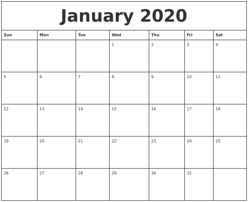 january 2020 printable monthly calendar