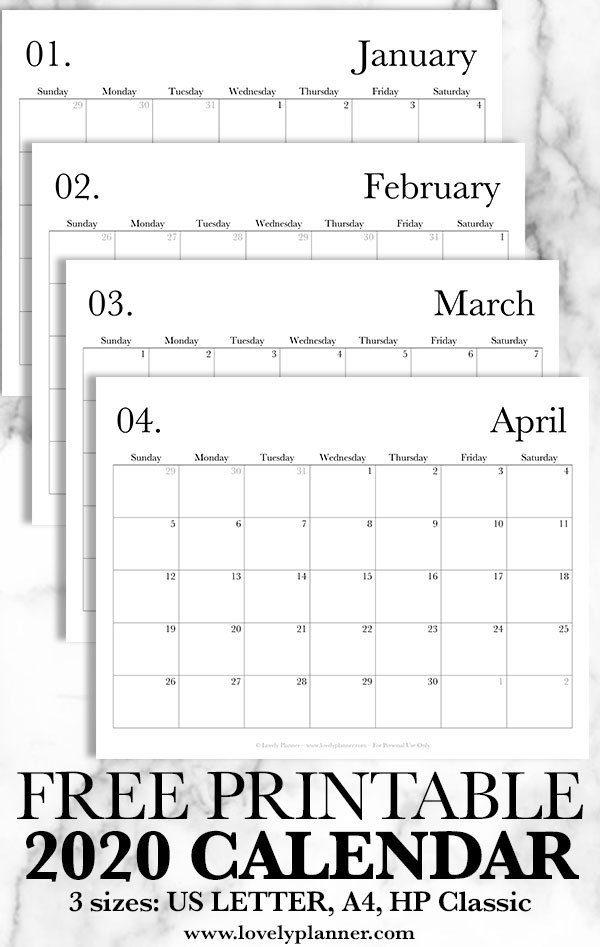 free printable 2020 monthly calendar classic lovely
