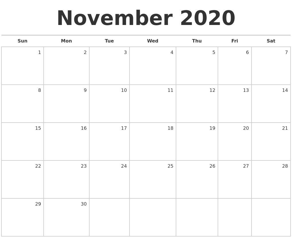 november 2020 blank monthly calendar