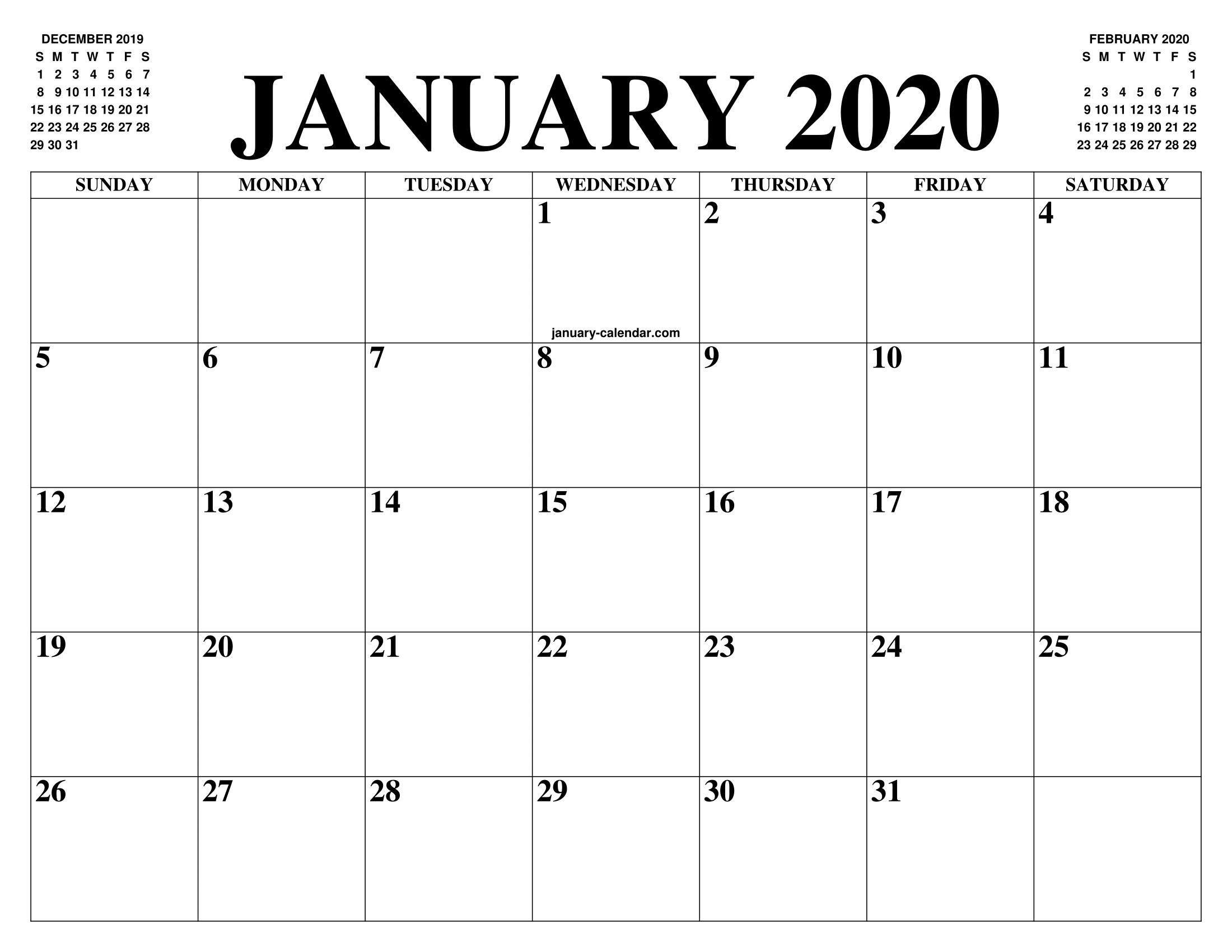 free january 2020 calendar pdf word excel printable template