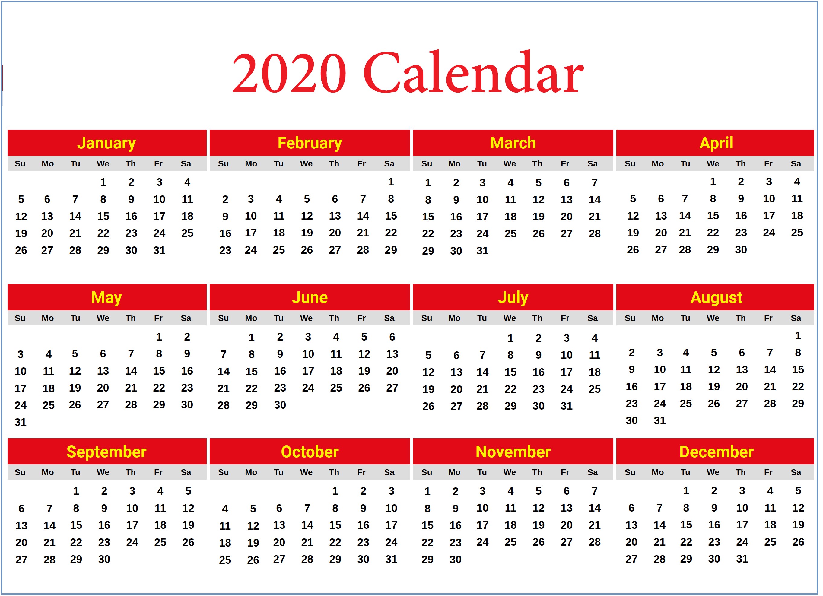 2020 yearly calendar printable calendar 2020