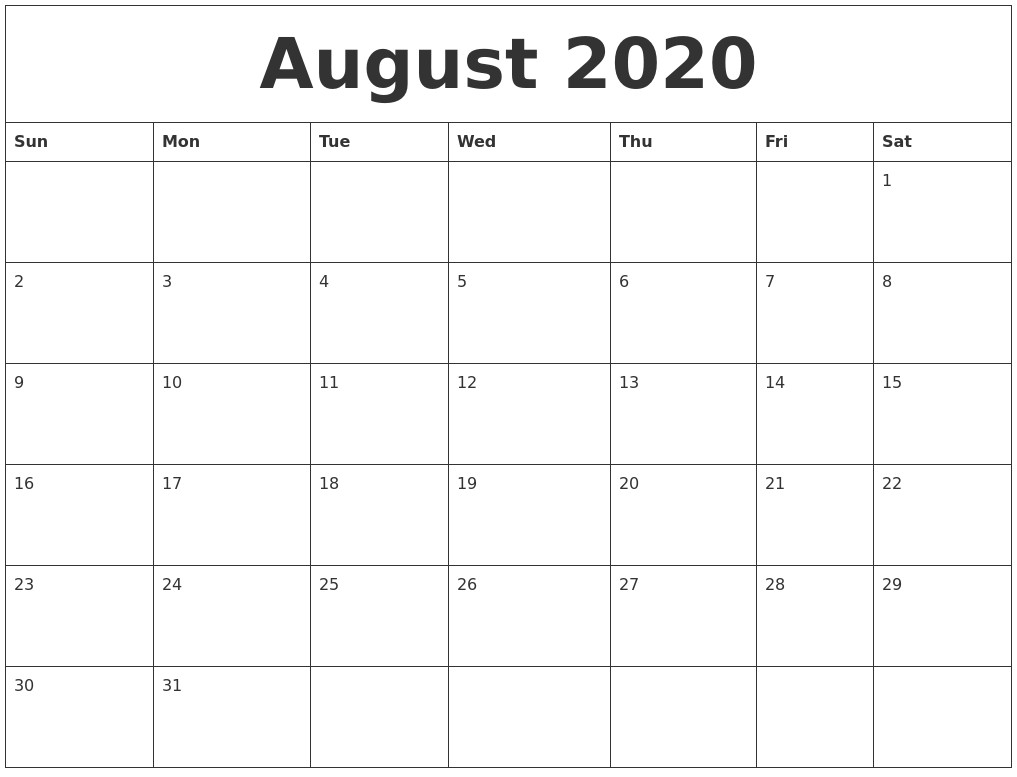 august 2020 calendar