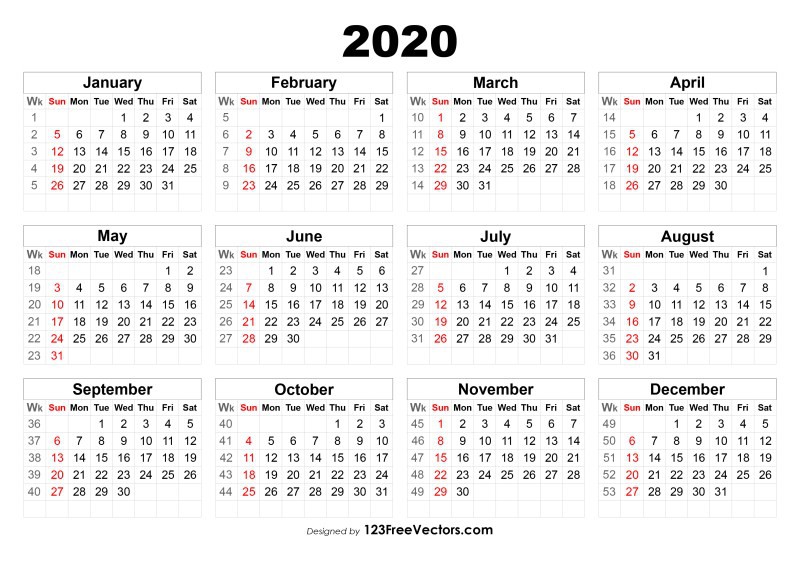 2020 calendar with week numbers