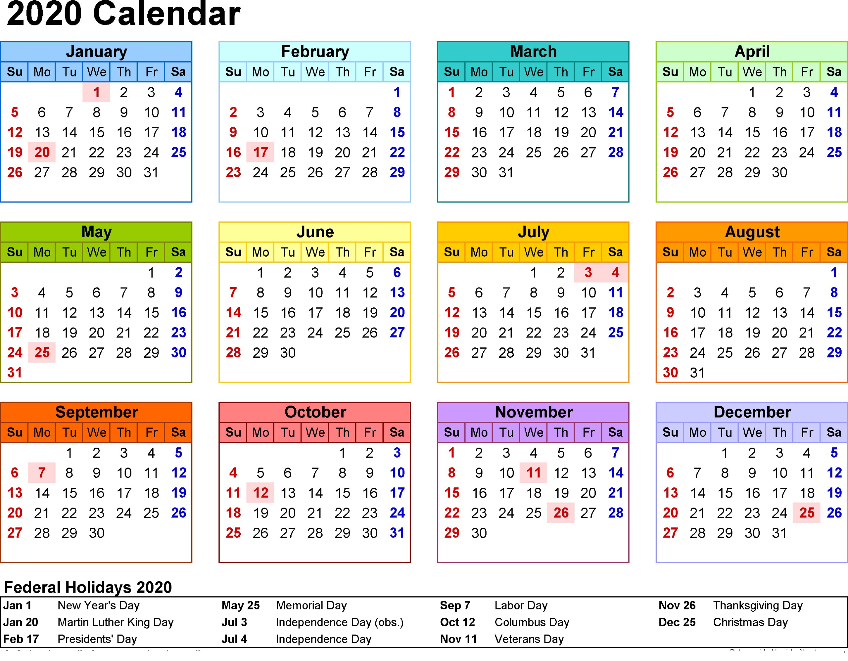 2020 calendar printable with holidays and notes calendar
