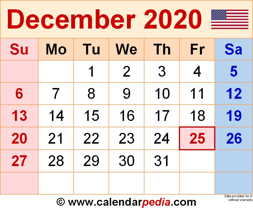 december 2020 calendars for word excel pdf