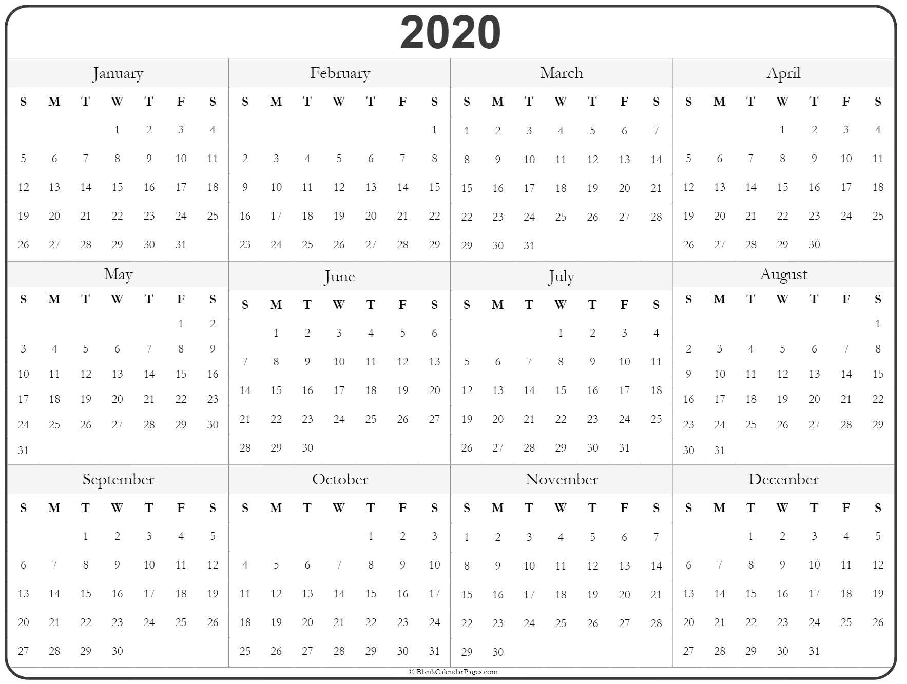 2020 year calendar yearly printable