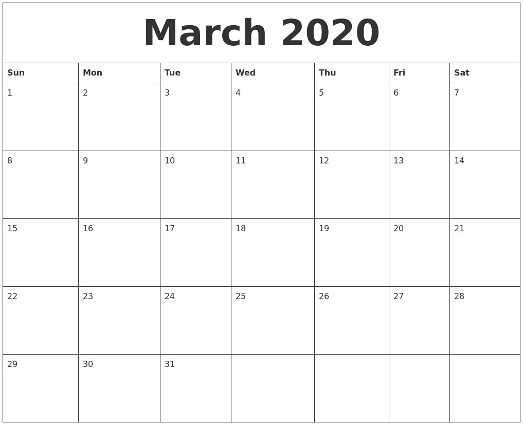 march 2020 word calendar