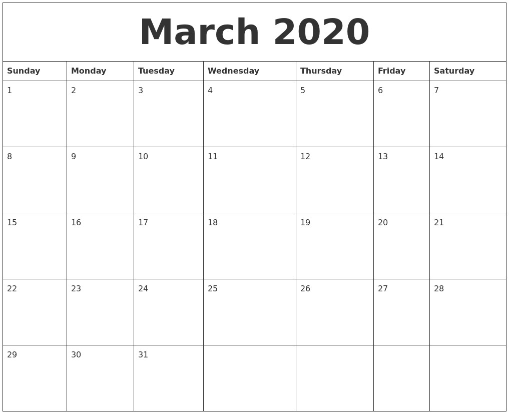 march 2020 calendar pages