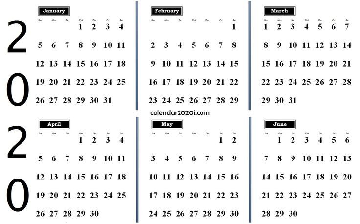 2020 6 months calendar from january to june monthly