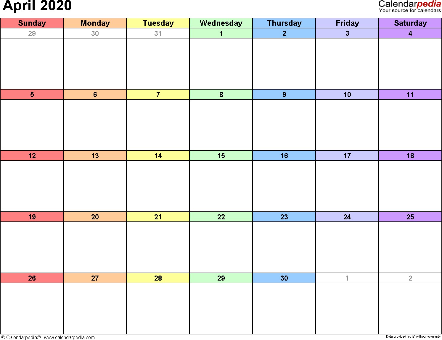 april 2020 calendars for word excel and pdf
