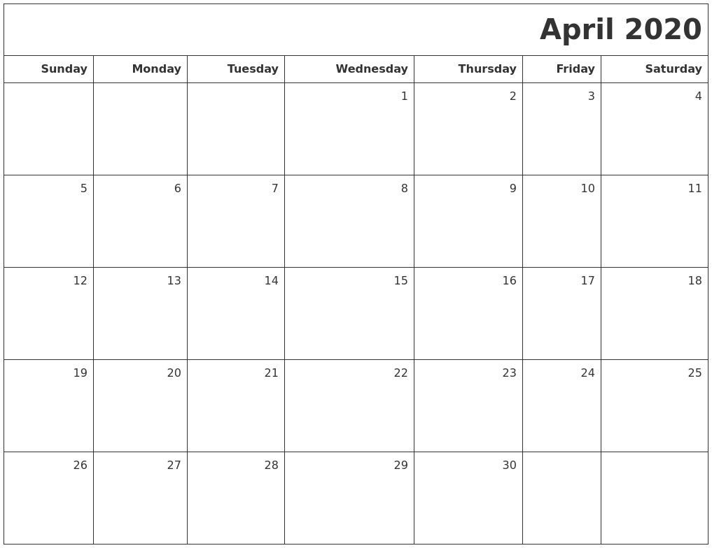 april 2020 printable blank calendar