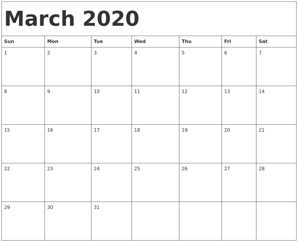 march 2020 calendar template