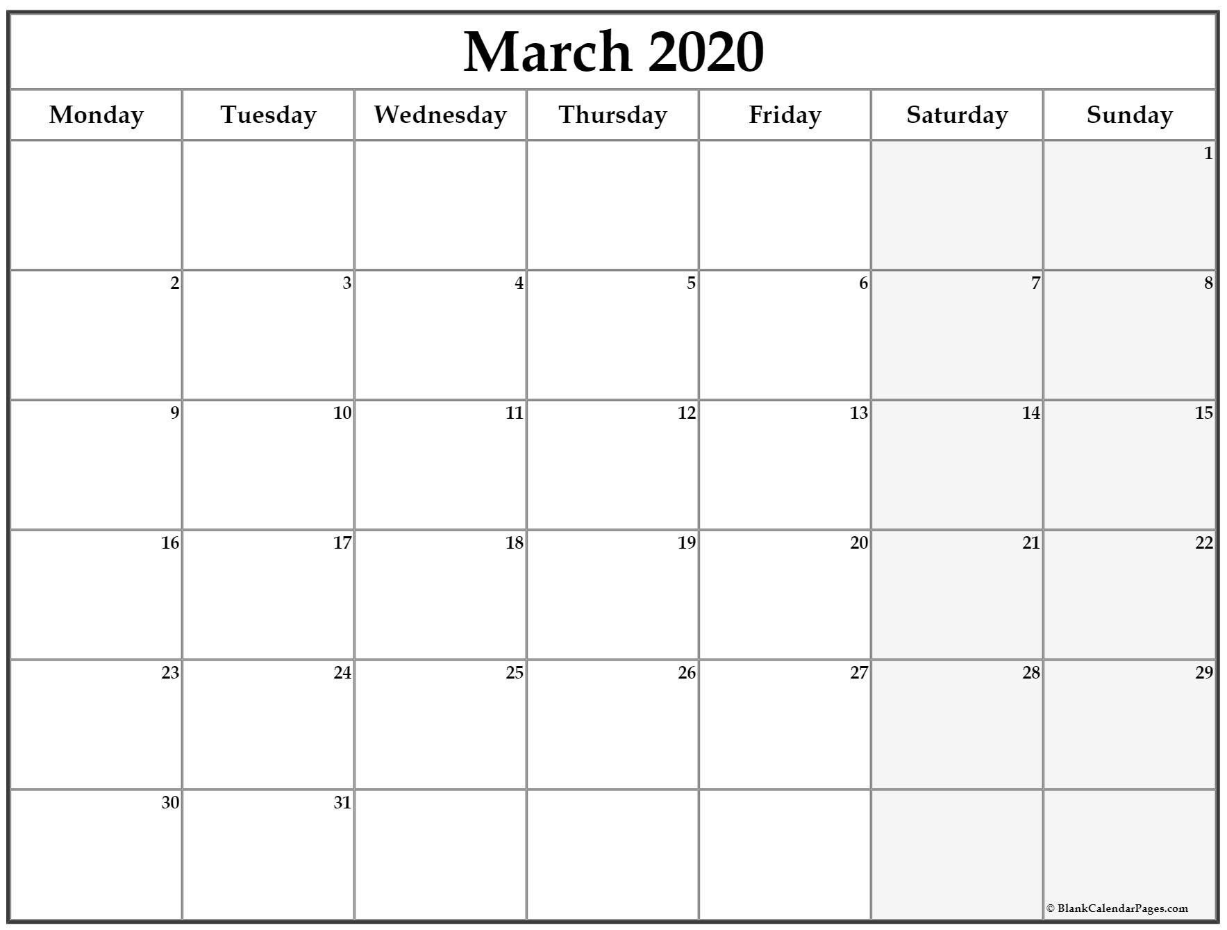 march 2020 monday calendar monday to sunday