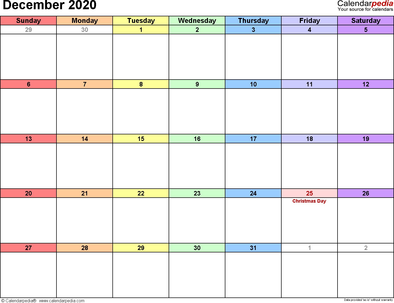 december 2020 calendars for word excel and pdf