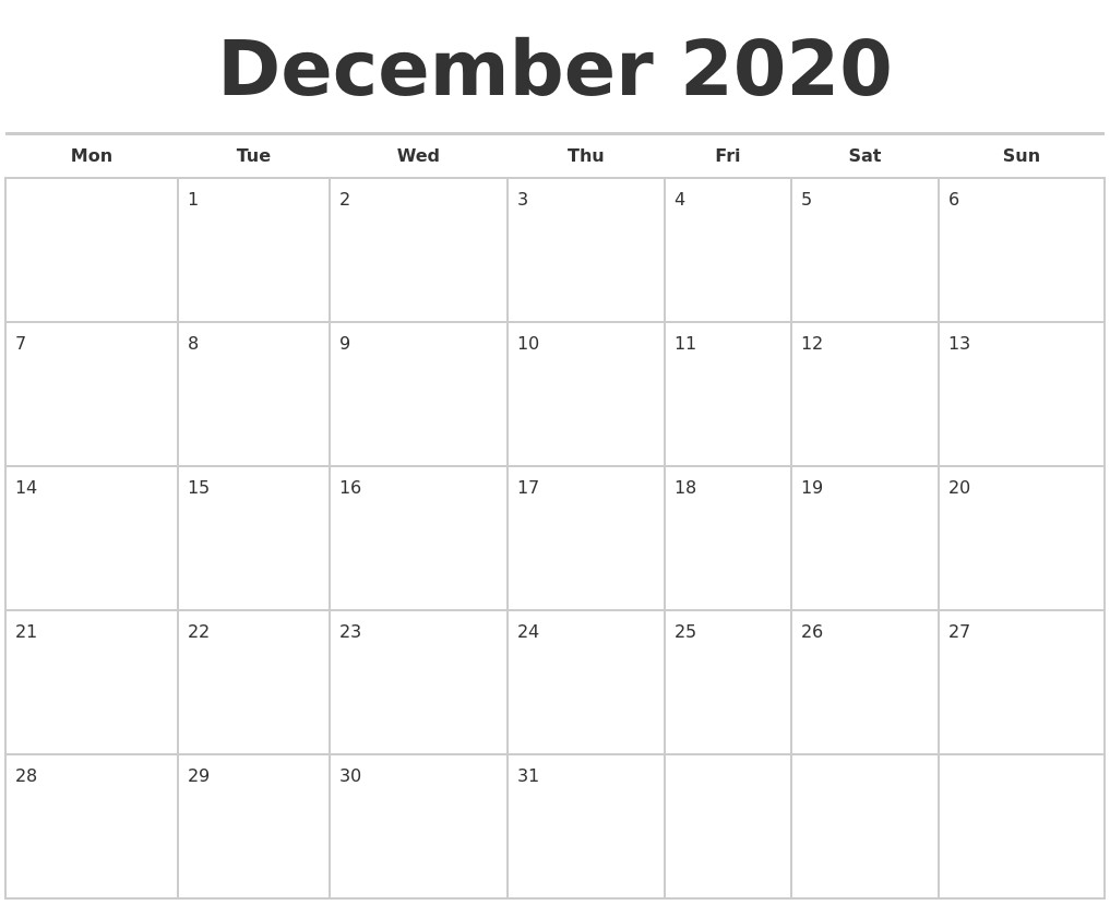 december 2020 calendars free