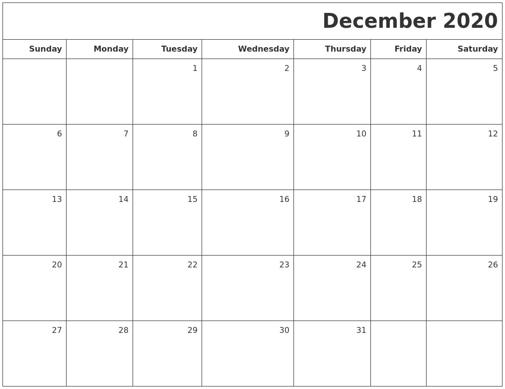 december 2020 printable blank calendar