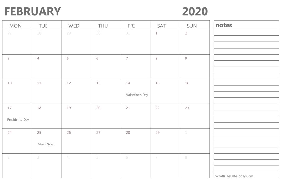editable february 2020 calendar with holidays and notes