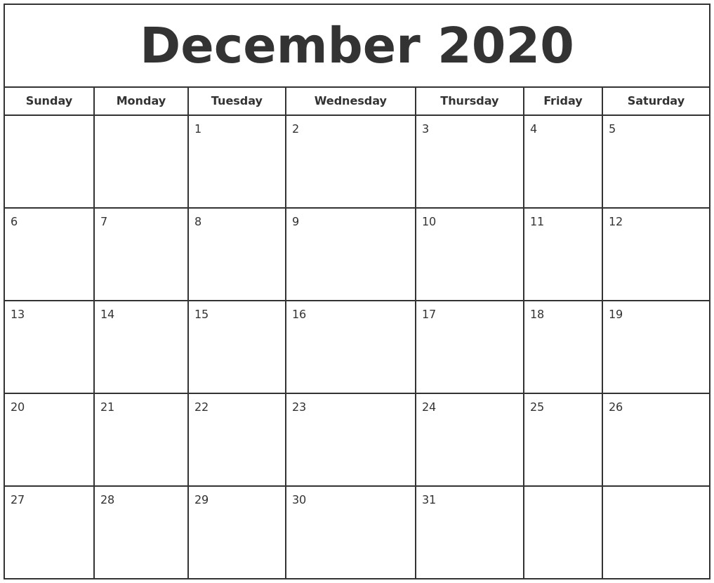 december 2020 print free calendar