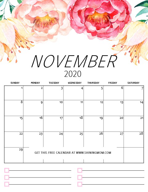 free printable calendar 2020 in pretty florals with notes