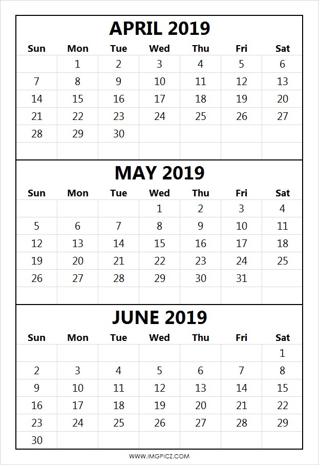april may june calendar 2019 april may june