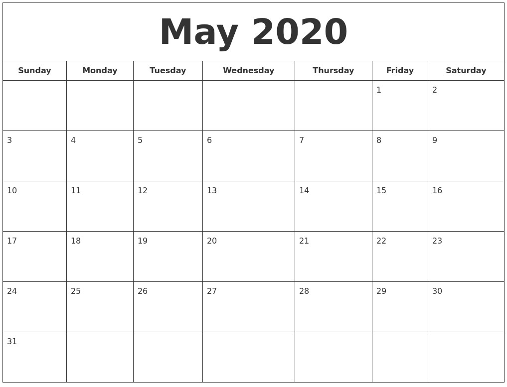 may 2020 printable calendar