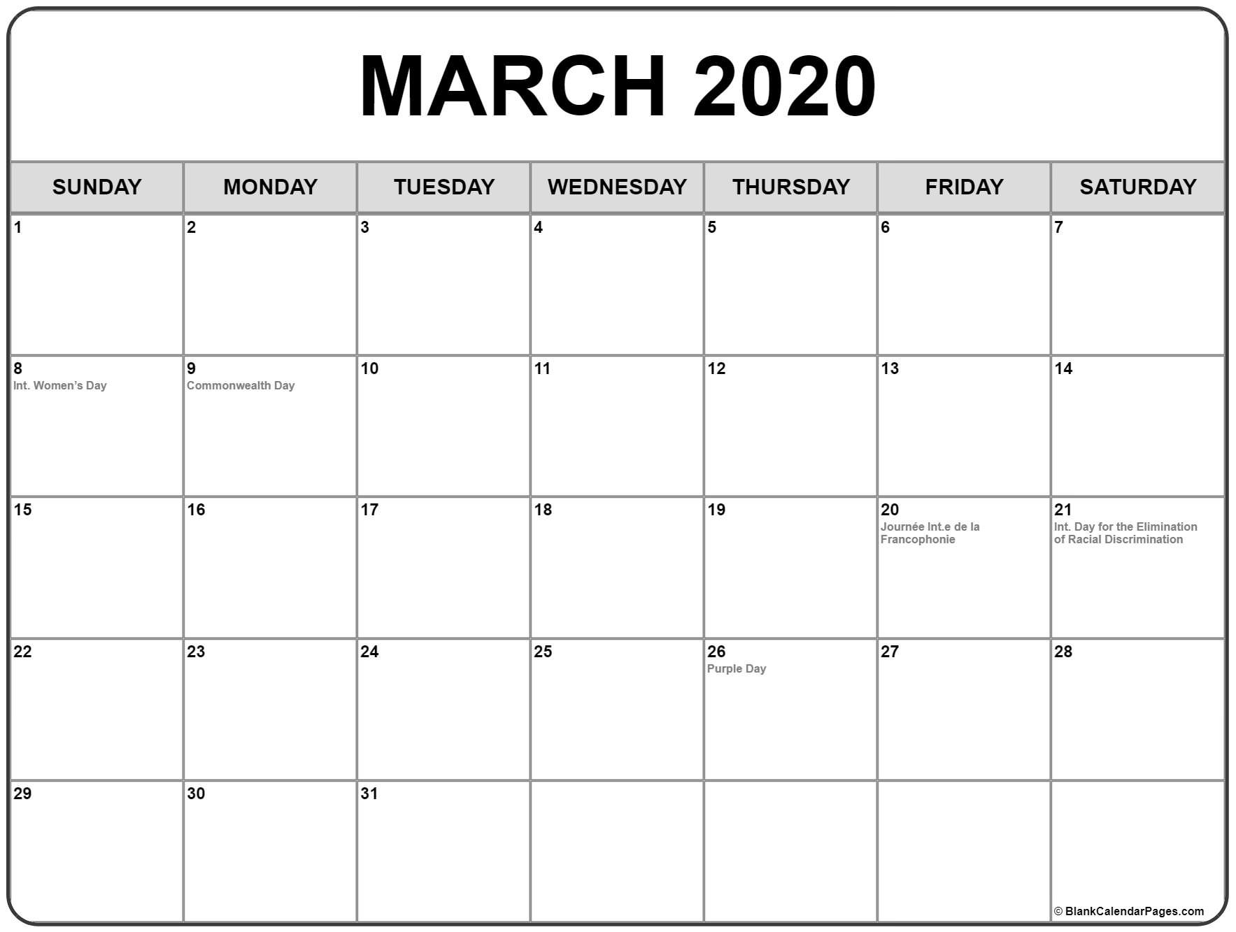 collection of march 2020 calendars with holidays