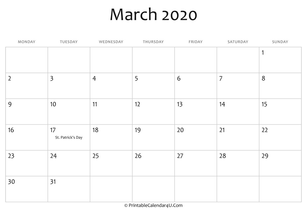 march 2020 editable calendar with holidays
