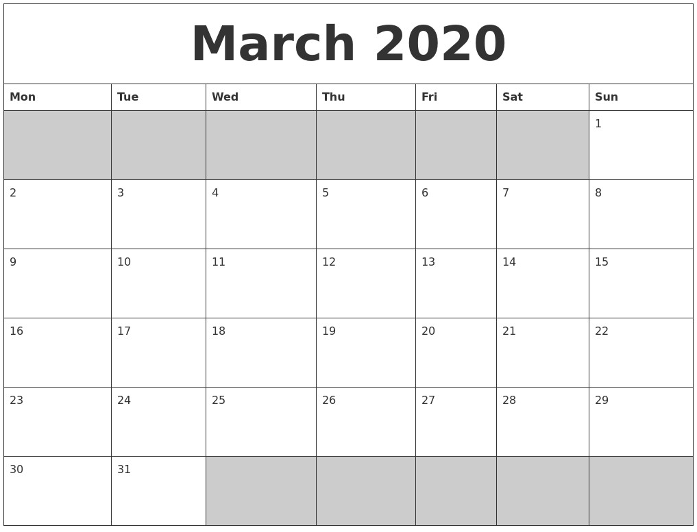 march 2020 blank printable calendar