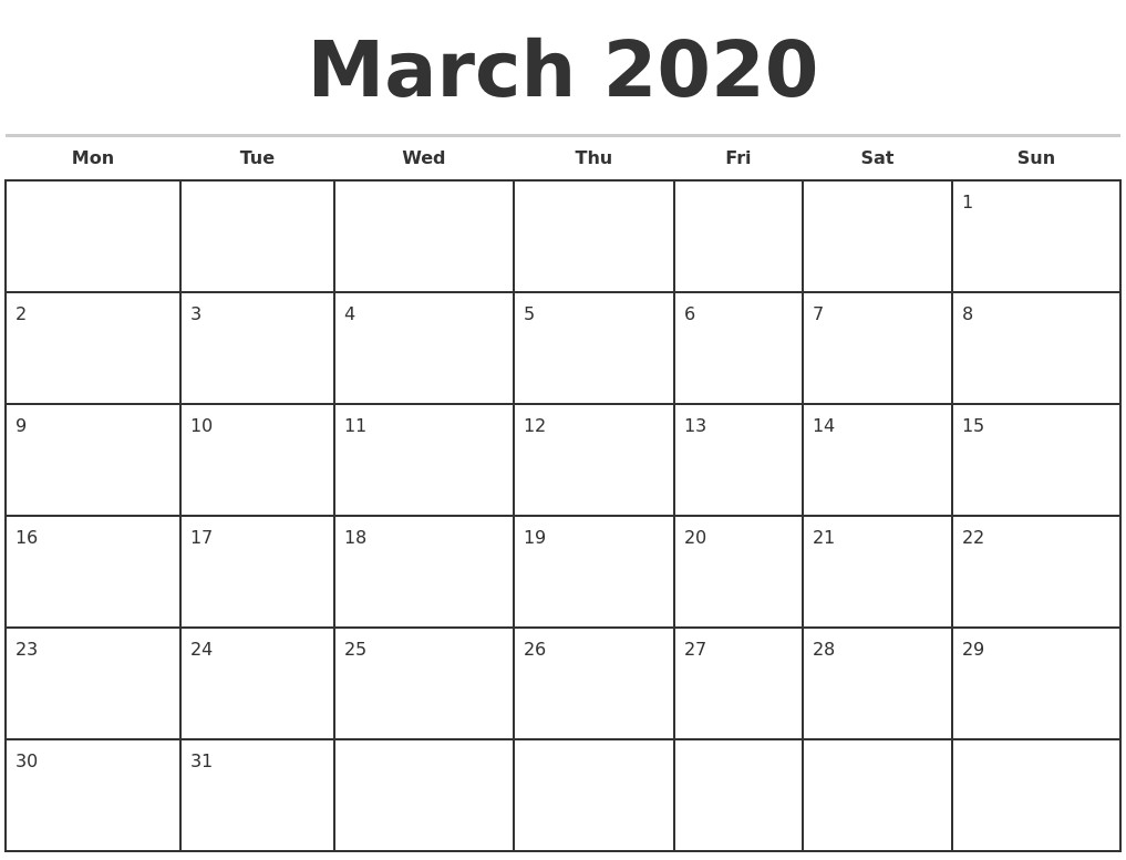 march 2020 monthly calendar template