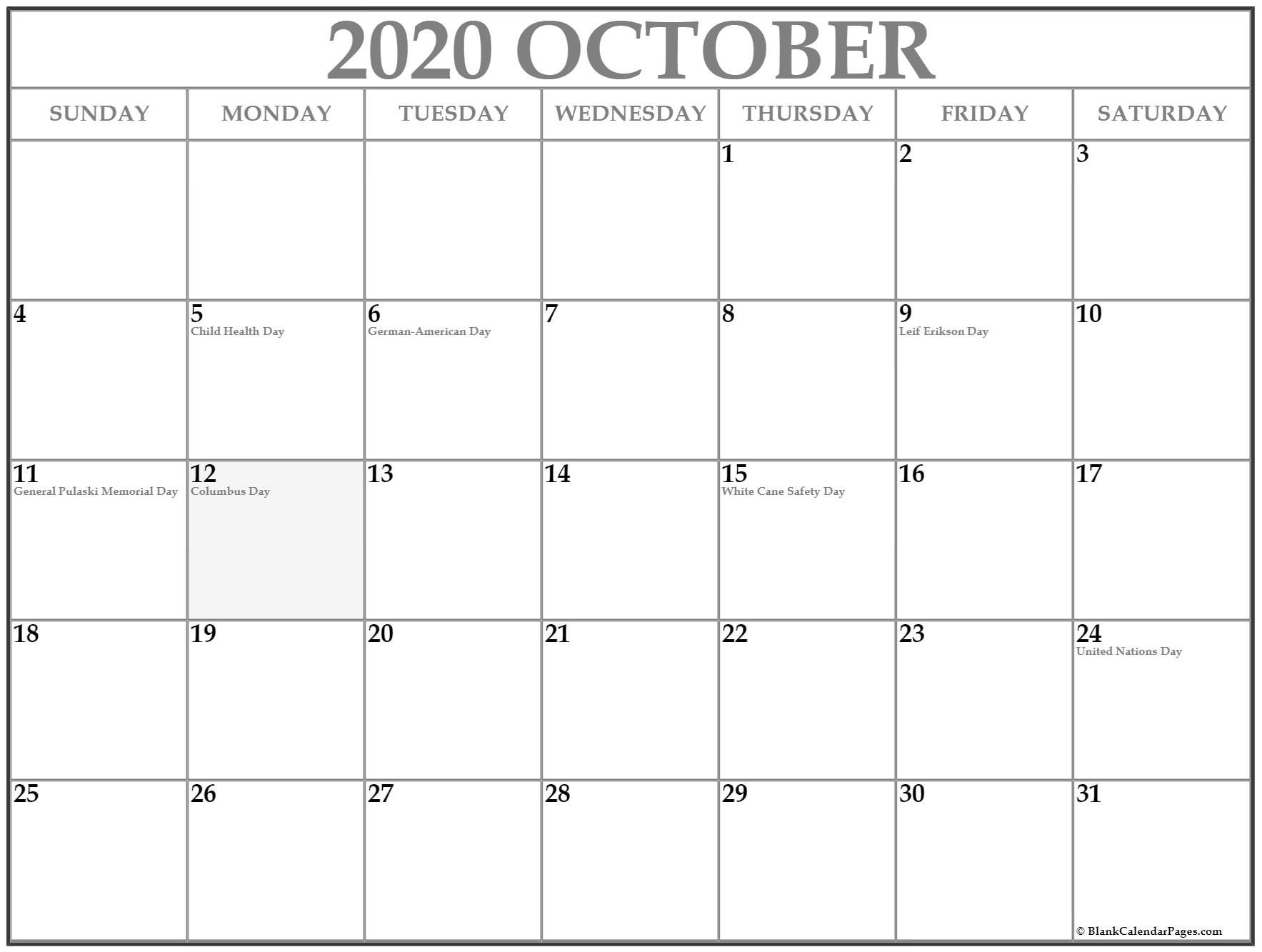 collection of october 2020 calendars with holidays