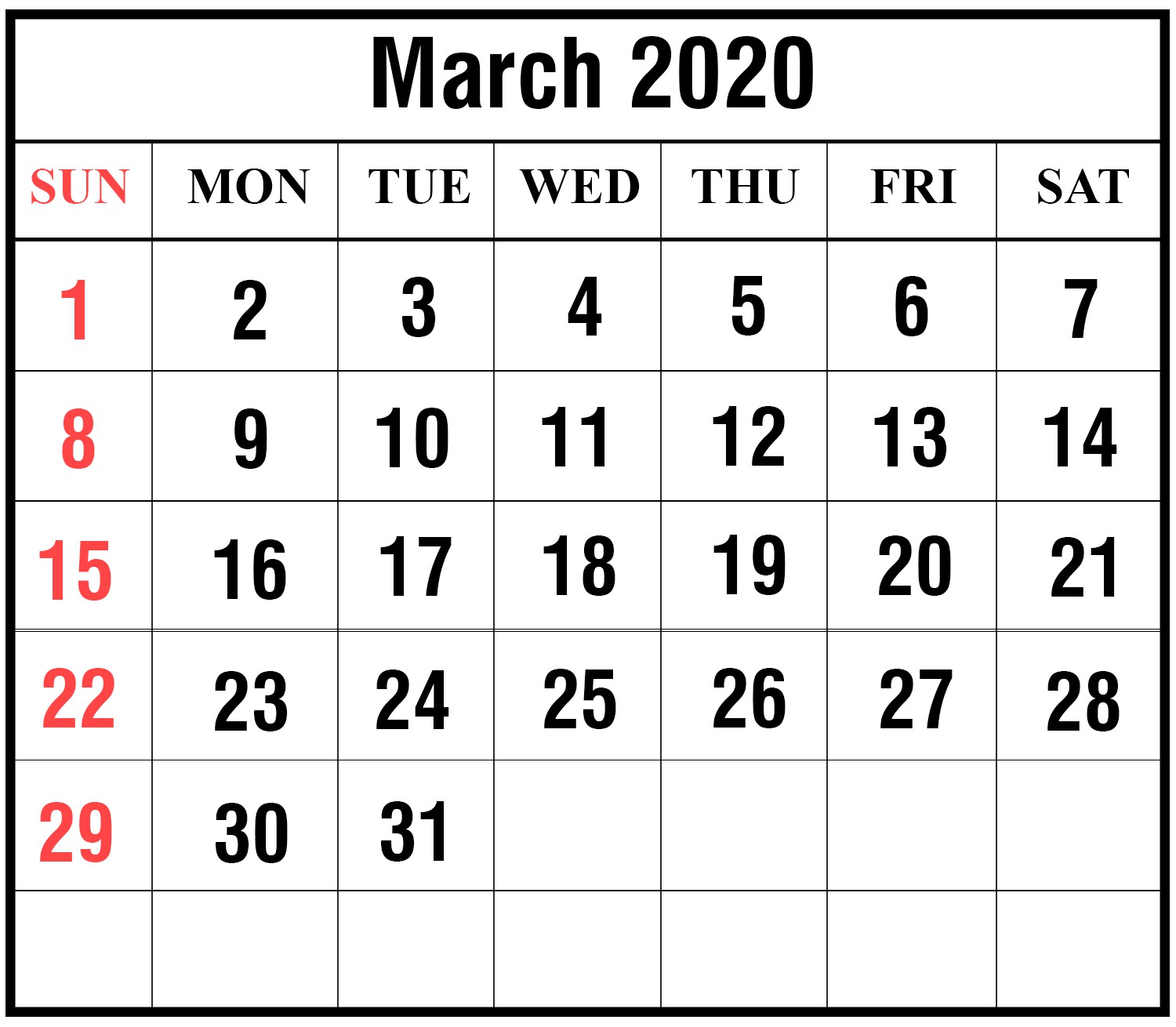 download free march 2020 printable calendar in pdf excel